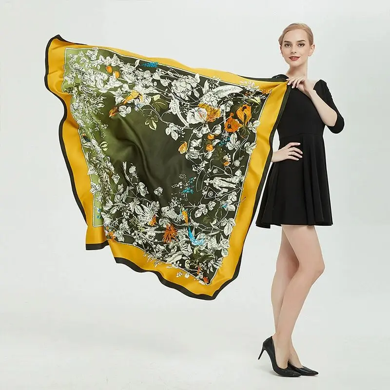 Spring New Flower and Bird Jungle Golden Bird News Women's Twill Silk Gift Scarf Headband Sunscreen Shawl Large Square Scarf