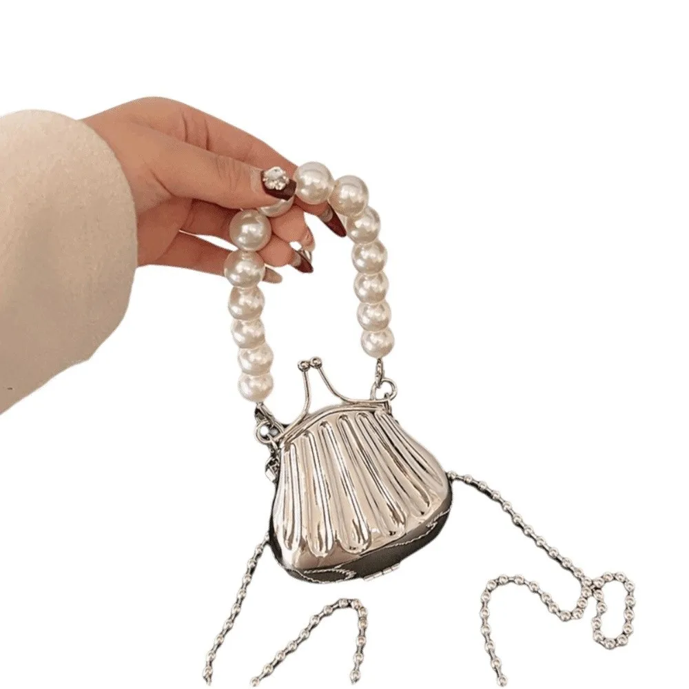 

Korean Style Crossbody Shell Bag Silver Pearl Chain Evening Clutch Handbag Elegant Luxury Lipstick Storage Bag Women Girls