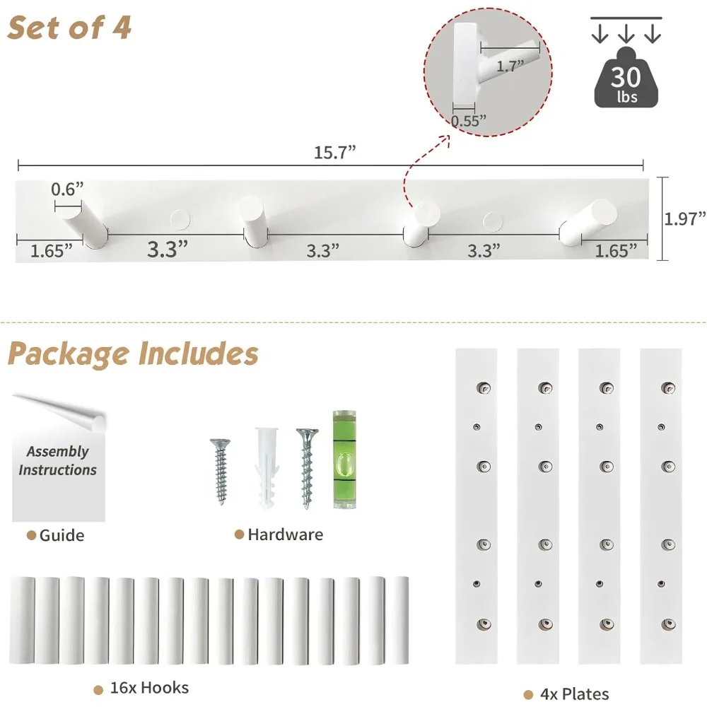 White Coat Hooks Wall Mount for Hanging 4 Pack, 16 Inch Wood Entryway Coat Rack Wall Mounted Heavy Duty, Modern Large Wall Hooks for Hats Kids Clothes Bags Purses Caps Closet - 16 Hooks view 2