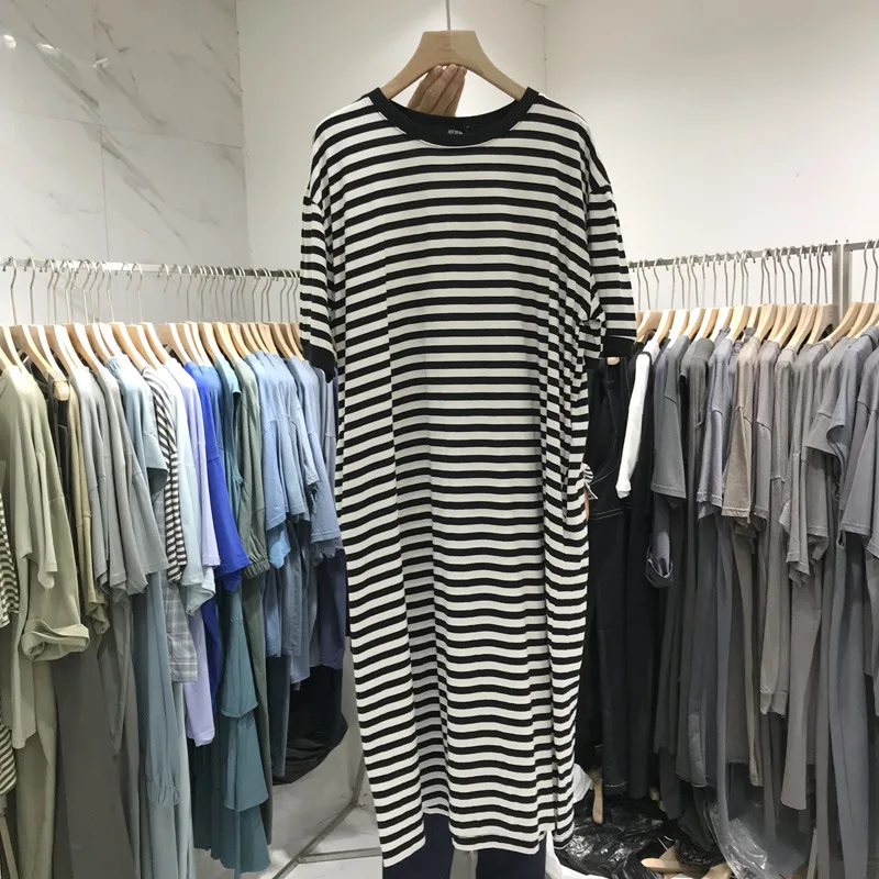 Blue Striped Dress Women 2023 Summer New Fashion Korean Medium Long Short-sleeve Knee-length Loose T-shirt Dresses Casual Office