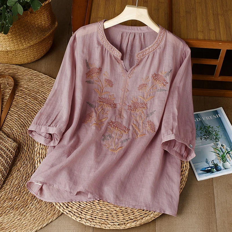 Embroidery Chinese Style Women Blouses Summer Cotto Linen Tops Loose Short Sleeve Clothing Sales V-neck Korean Women's Shirts