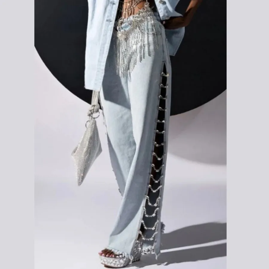 

Designer Crystal Chain Women Wide Leg Baggy Jeans Hollow Out Summer Pants Denim Trousers Side Split Loose Jeans Y2K Streetwear