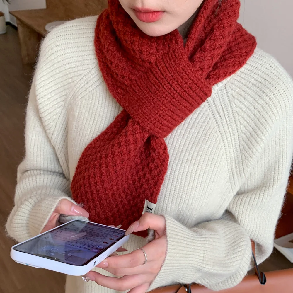 New Winter Scarf Women Fashion Cross Connection Solid Color Knitted Neck Scarf Short Small Neckerchief Thick Warm Scarf