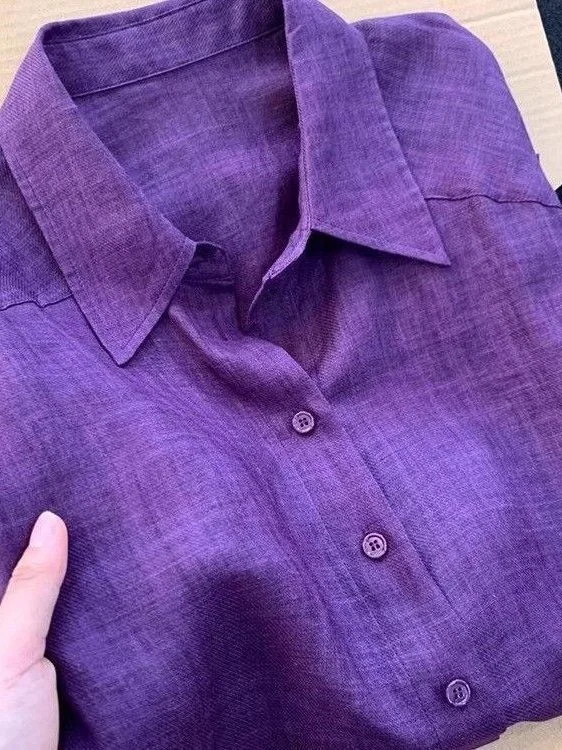 Unique Purple Cotton Linen Shirt Women's Loose Fit Sun Protection Top New 2025 Style Elegant Draped Shape Ladies' Blouse