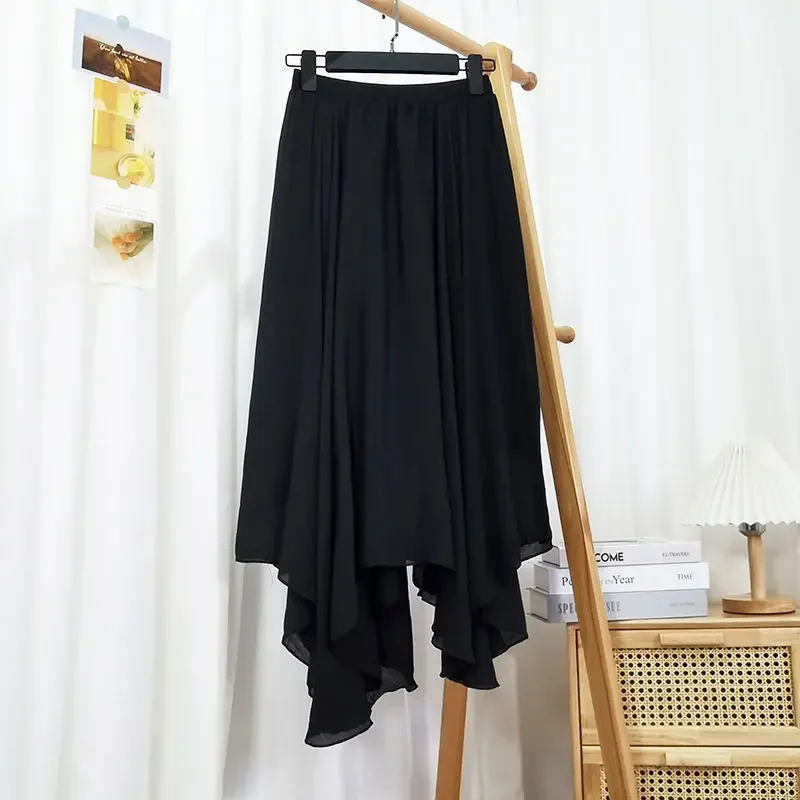 

Skirts Women Irregular Mid-calf 90's Mujer Empire Harajuku Design A-line Folds Solid Simple Fashion Ladies Jupe Femme Aesthetic