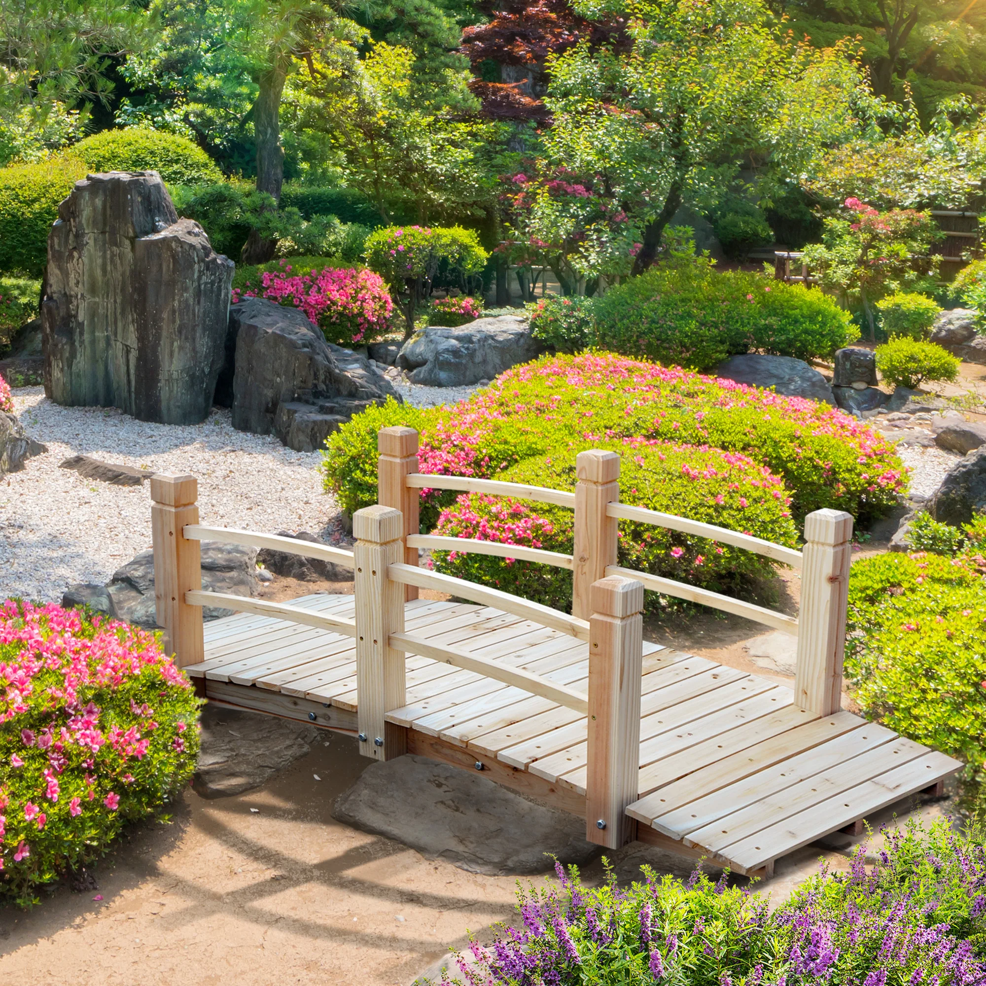 5ft Garden Bridge Yard Decoration Wooden Arc Outdoor Pond w/ Railings Natural