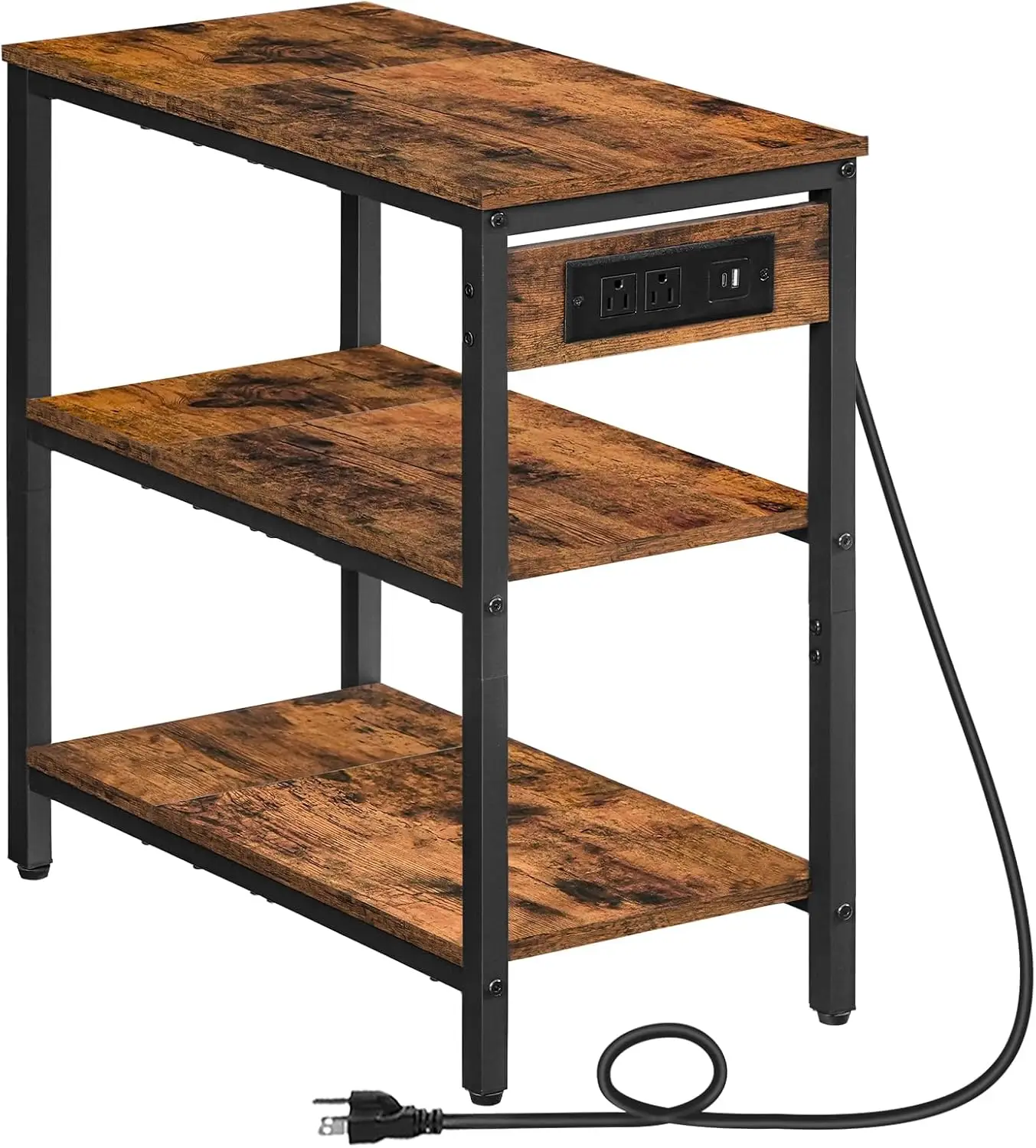 

End Table with Charging Station, Simple Rustic Side Table with 3-Tier Storage Shelf, Narrow Nightstand for Small Spaces, for