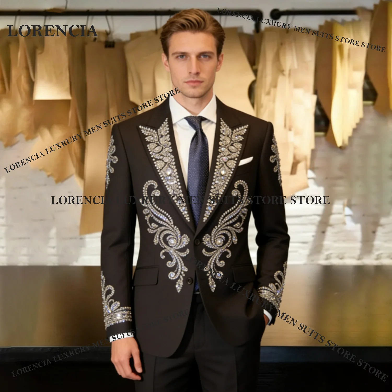 

Customized Rhinestone Gem Men suits For Wedding Groom Sequins Diamond Male Prom Party Glitter Blazer 2 Pieces Sets Tuxedos Slim