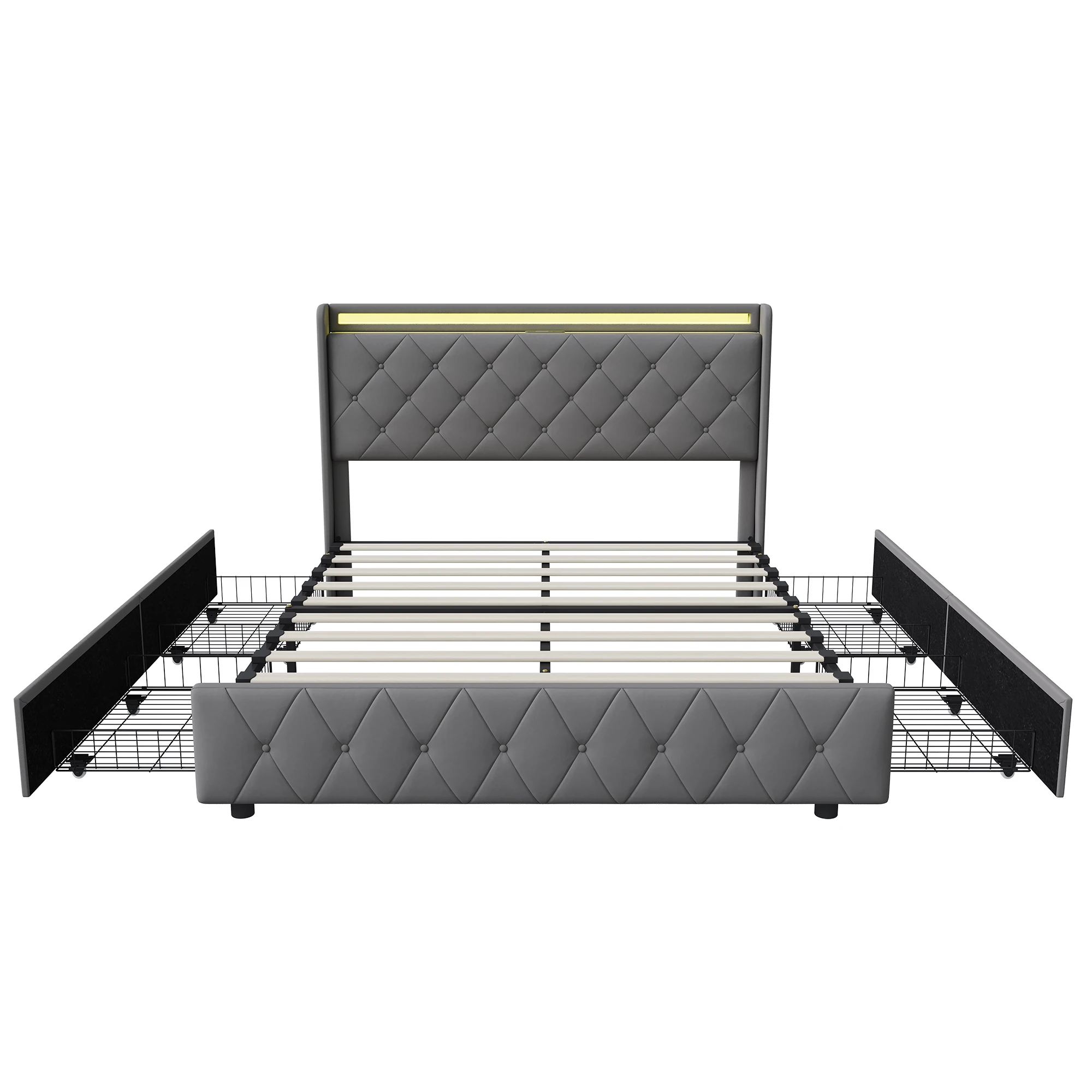 Comanlai gestoffeerd bed met LED-verlichting & 4 laden 140x200cm/160x200cm tweepersoonsbed met USB-oplaadpoort, flanellen stof - afbeelding 2