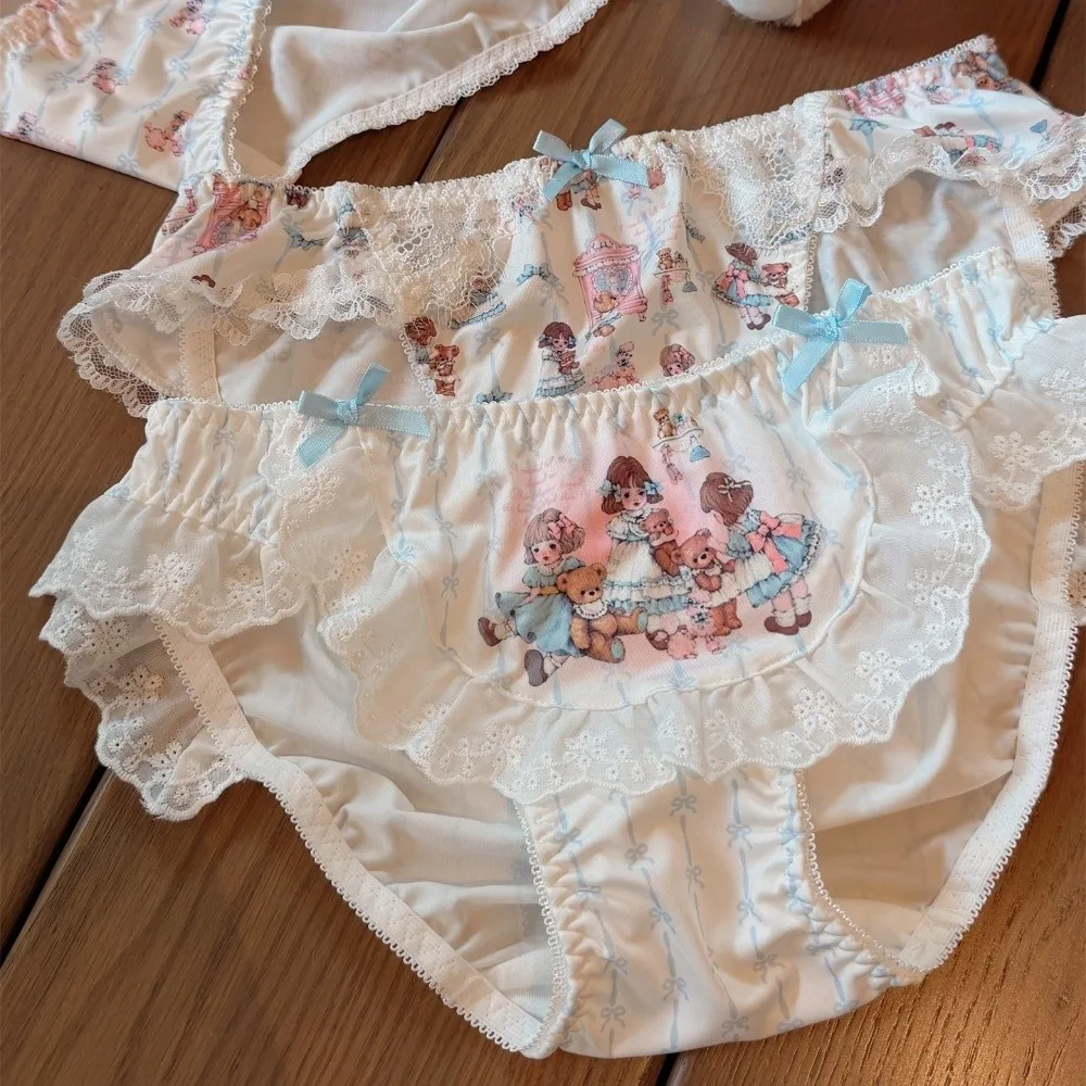 Daily Bow Doll Print Panties Lace Milk Fiber Lolita Style Panties Kawaii Low Waist Sweet Ruffle Briefs Women