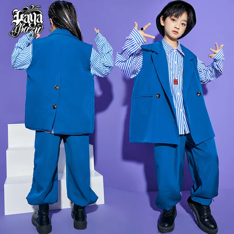 Kid Hip Hop Clothing Sleeveless Blazer Jacket Stripe Shirt Top Ankle String Harem Baggy Pants for Girl Boy Dance Costume Clothes