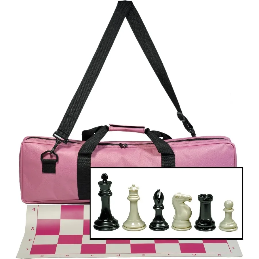 

Travel Chess Set for Adults with Vinyl Roll-Up Board 20 inches Triple Weighted Chess Pieces 4.0 inch King Deluxe Pink Canvas Ba