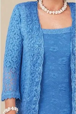 Plus Size Blue Lace Mother Of The Bride Dresses With Long Jacket 2 Pieces Women Tea Length Long Sleeve Wedding Guest Dress