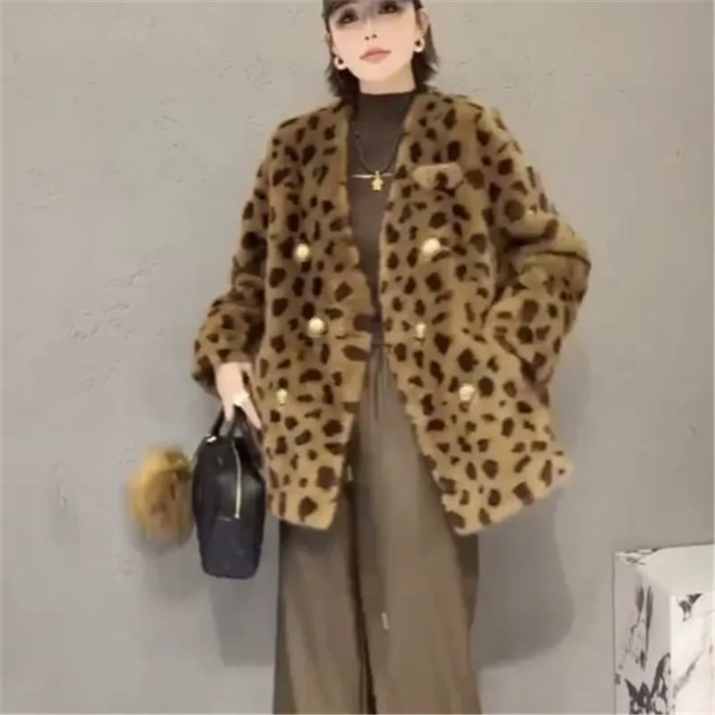 Chaqueta de una pieza con estampado de leopardo para mujer, abrigos con cuello en V, abrigo de piel sintética informal suelto, ropa de abrigo femenina, otoño e invierno, 2024