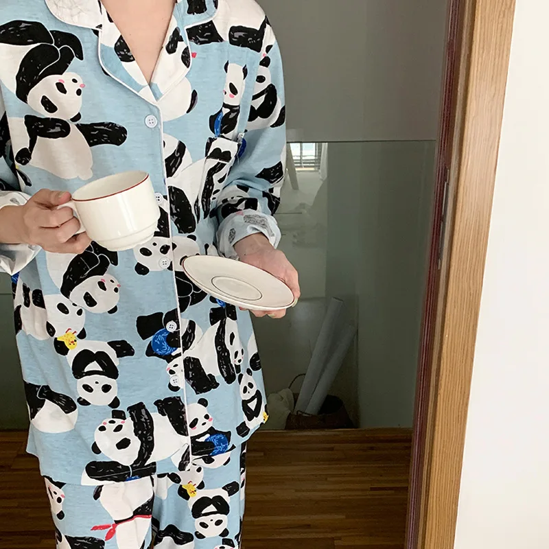 Cartoon Panda Pajama Women Spring and Autumn Long-sleeved New Girl Cardigan Home Clothes Soft Kawaii Student\'s Loungewear Women