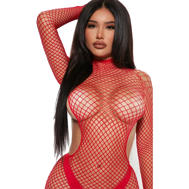 New Red Sexy Fishnet Temptation Backless Sleepwear Dress Hollow Long Sleeves Nightdress Mesh Bodysuit Women Lingerie & Underwear