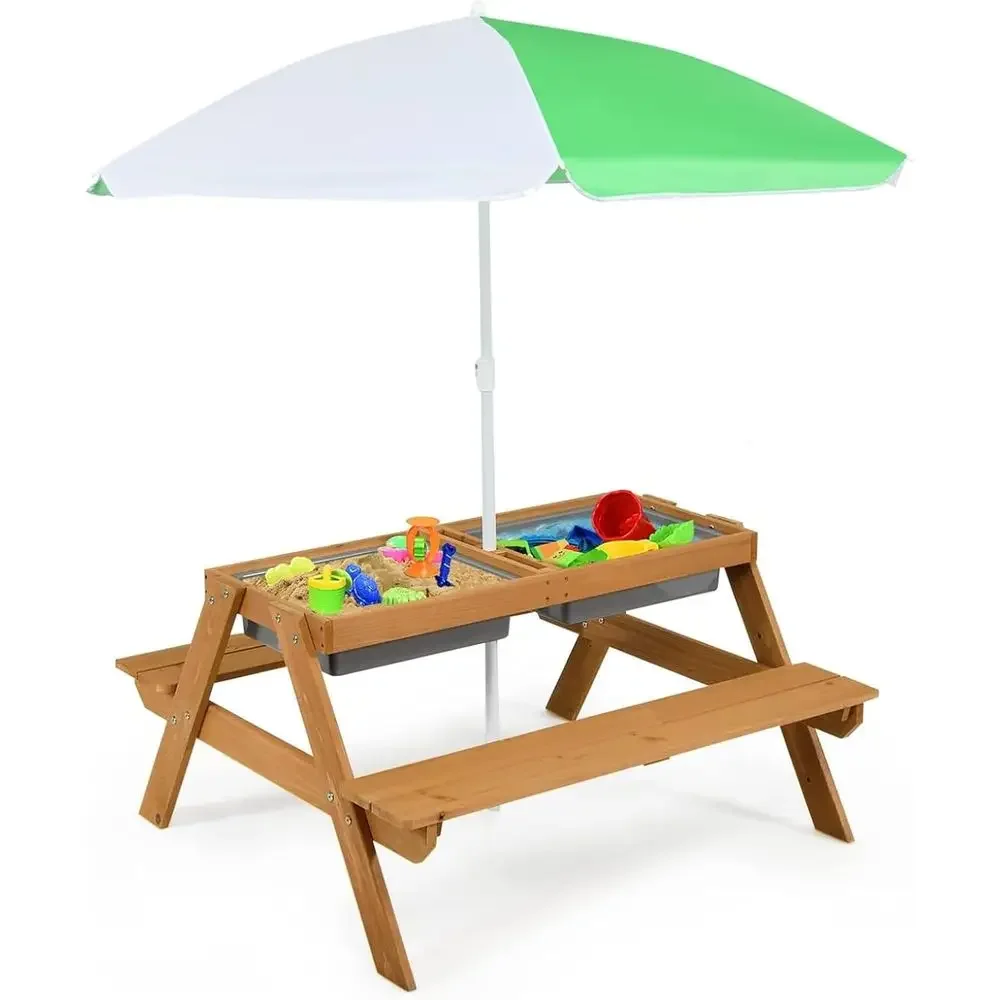 4-in-1 Wooden Sand & Water Picnic Table with Removable Boxes and Umbrella for Kids, Outdoor Backyard Garden Furniture Set for To