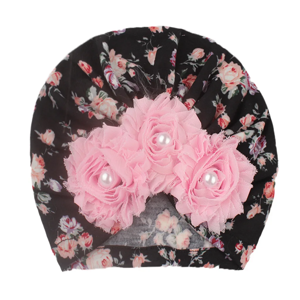 Baby Hat Sweet Floral Print with Lace Flower Decor Infant Toddler Soft Skin-Friendly Turban Head Wraps Cute Hair Accessories