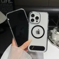 Luxury Metal Stand Clear Magnetic Phone Case For iPhone 16 13 14 15 Pro Max Folding Invisible Bracket Shockproof Protector Cover