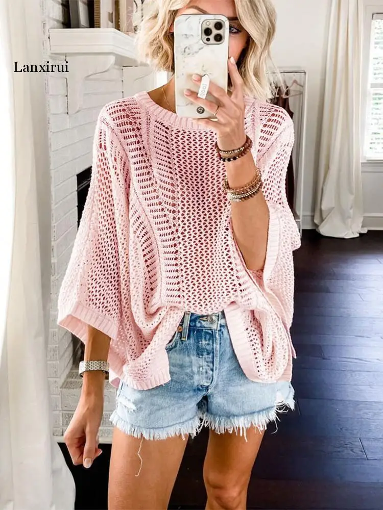 

Fashion Sexy Hollow Out Design Pullover Tops Summer Elegant O-Neck Knitted Cutout Beach Shawl Women Casual Loose Streetwear