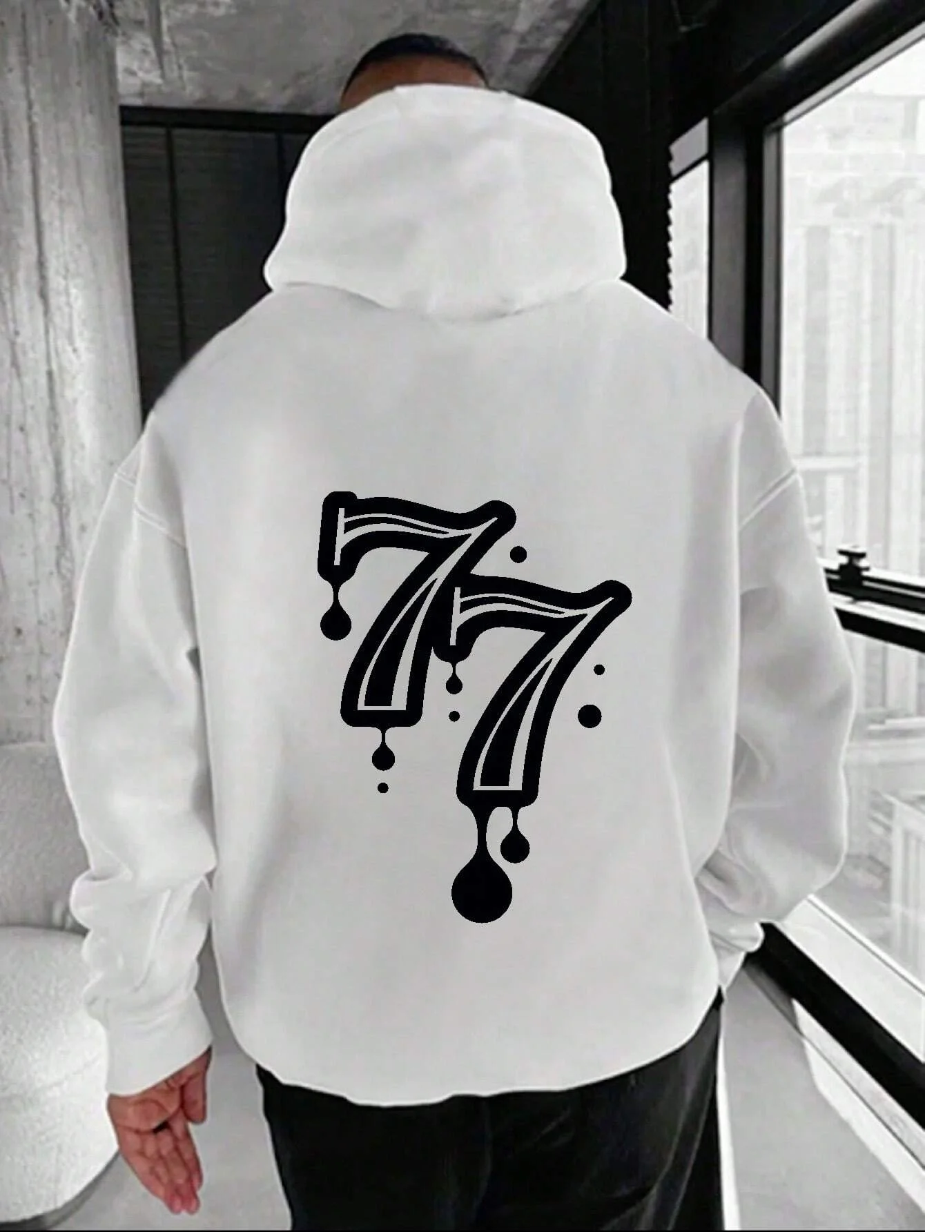 

2024 Hot Sale Men's Number 77 Graphic Printed Casual Sport & Commute Versatile Letter Embellished Fleece Lined White Hoodie