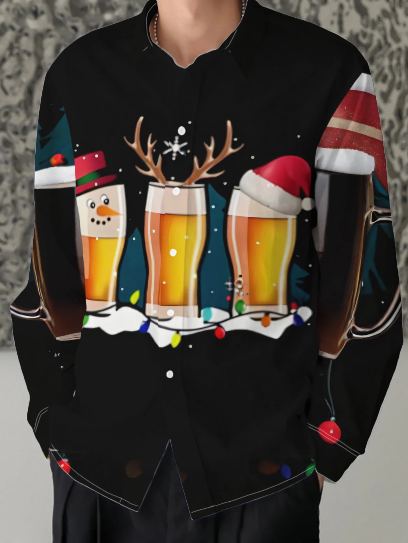 

Мужская повседневная рубашка с длинным рукавом и рождественской пивной кружкой, принт снеговика и оленя, дизайн обычного кроя, неэластичная ткань