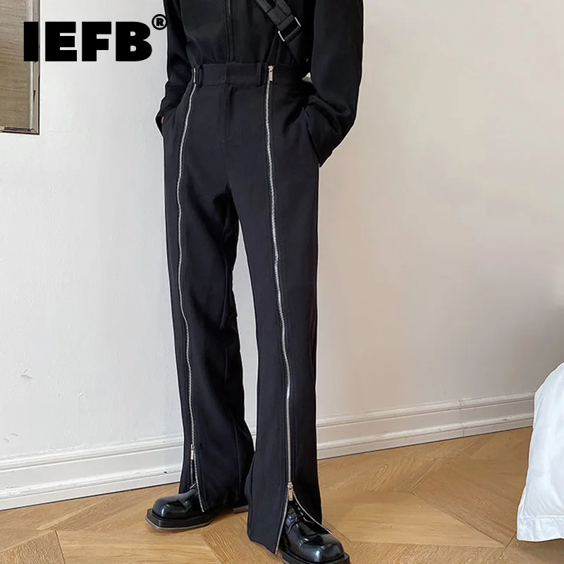 

IEFB Korean Zipper Design Trendy Men's Straight Pants 2023 New Slim Fit Mid-waist Casual Long Pants Chic Black Trousers 9A1152