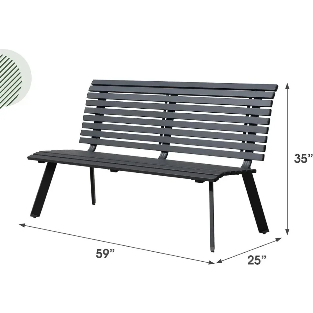 Outdoor Aluminum Patio Benches, Patio Porch Chair Furniture, Slatted Design W/Backrest, Dark Grey, Patio Benches