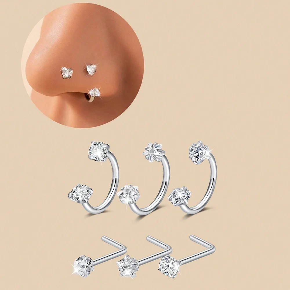 2/6pcs Horseshoe Nose Rings With L-Shape Nose Stud Stainless Steel Rainbow CZ Nose Ring Lip Eyebrow Helix Ear Piercing Jewelry
