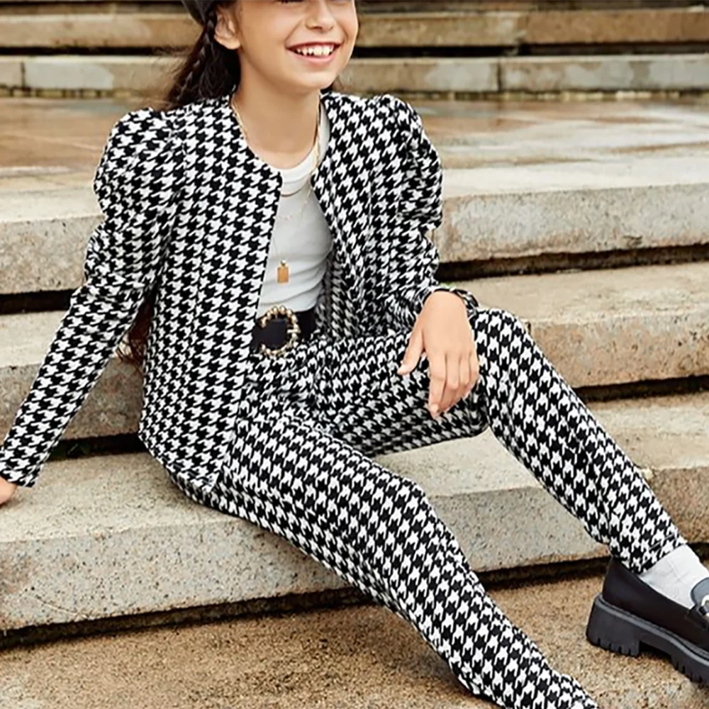 Fashion Houndstooth Girls Suit 2 Pieces Elegant Daily Casual Fashion Kids Outfits Party Wedding Chic O-Neck Girl Clothes