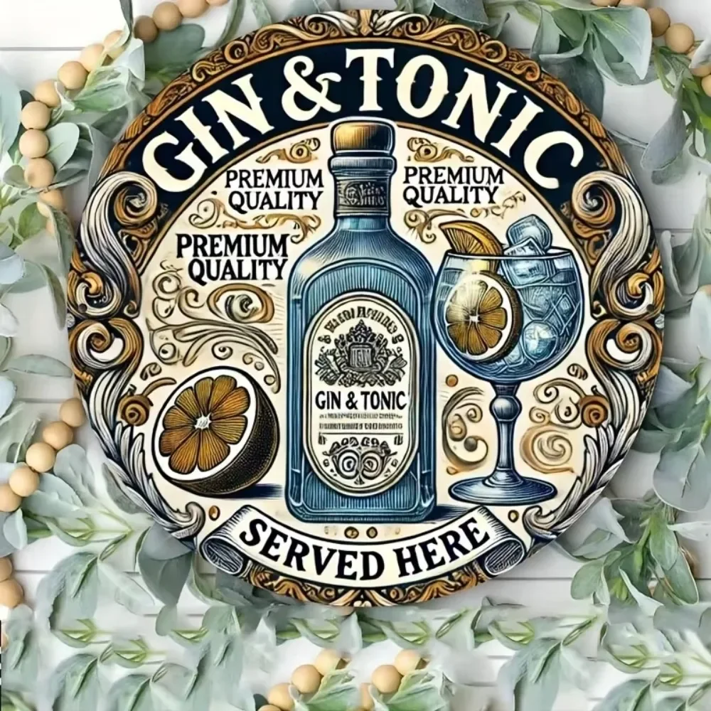 جين فينتاج برو ™   لوحة صفائح حديد عتيقة - علامة دائرية من الألومنيوم "GIN Tonic خدم هنا"، ديكور منزلي ريفي متين