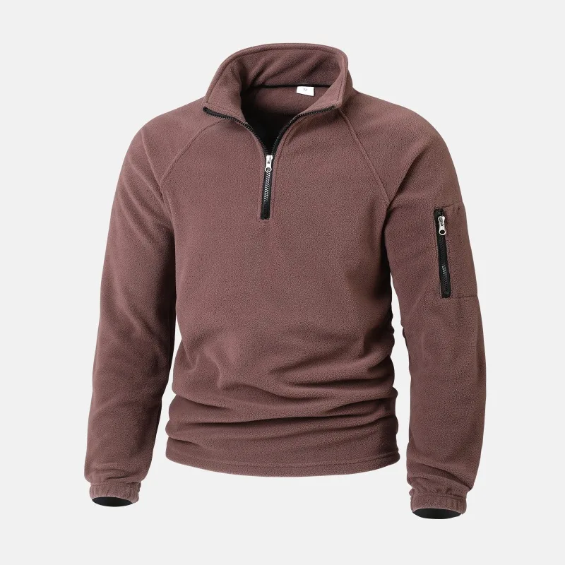 Winter Mens Half Zip Fleece Sweatshirt Stand Collar Warm Soft Pullover with Arm Zipper Pocket Casual Outdoor Long Sleeve Top