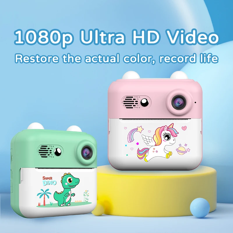 Câmera digital infantil para fotografia, impressão instantânea, foto 1080p, unicórnio, hd, gravador de vídeo, mini impressora térmica, presentes de aniversário