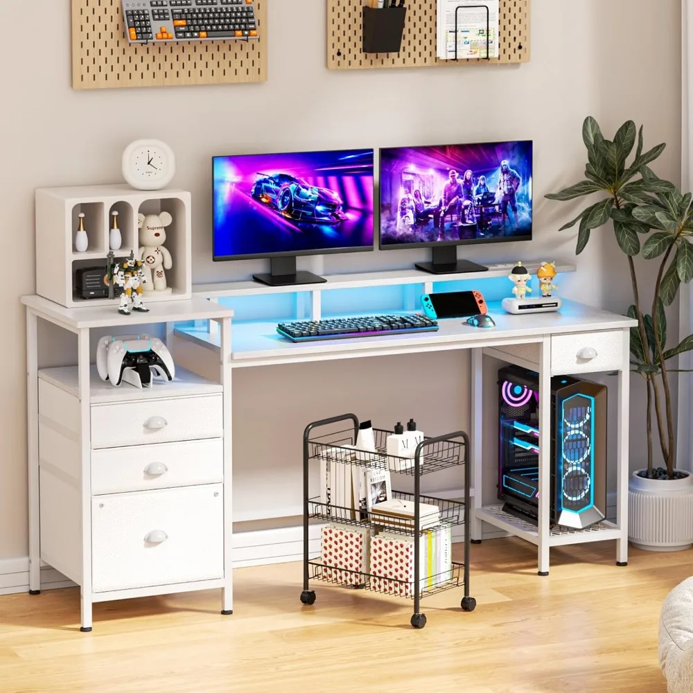 

Computer Desk Drawers, 60" Office Long Fabric File Cabinet and Power Outlets, Gaming Desk LED Lights, Writing Work Desk