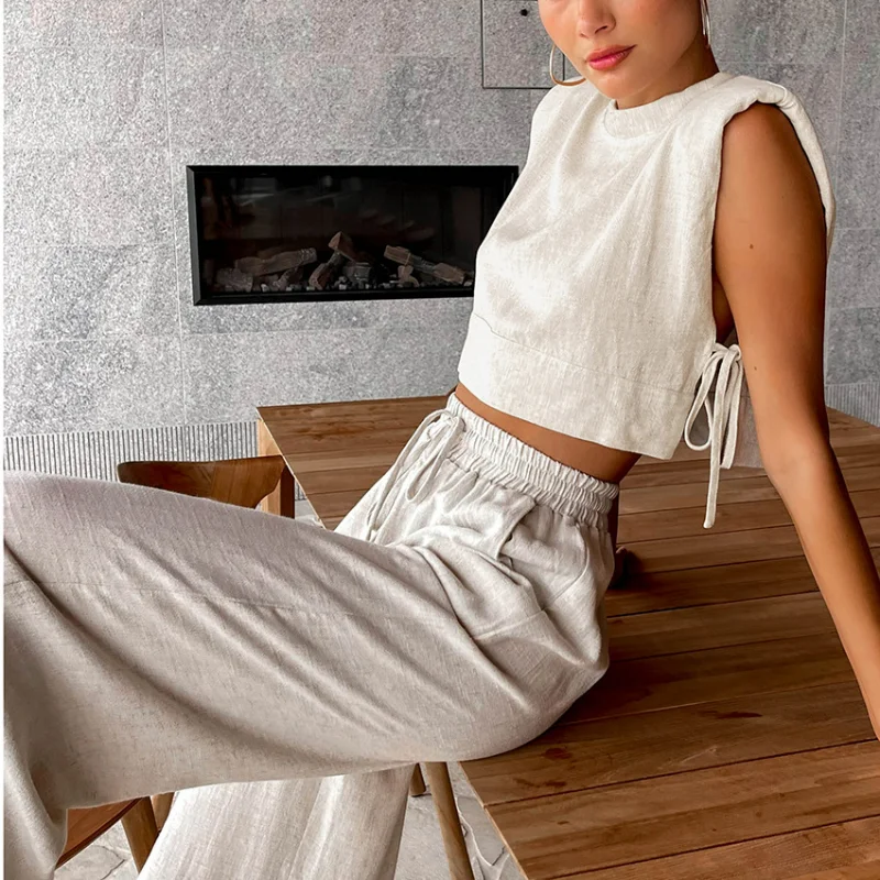 2024 Summer Vacation Pants Sets Casual Cotton and Linen Suit for Women Street Trendy Sleeveless Vest Trousers Two-piece Lace-up