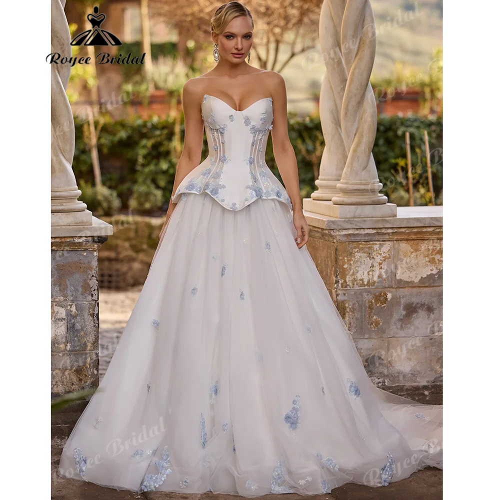 Sweetheart Strapless Peplum Corset Wedding Dress Light Blue 3D Floral Appliqué Tulle Chapel Train Ball Gown Bridal Gown Customiz