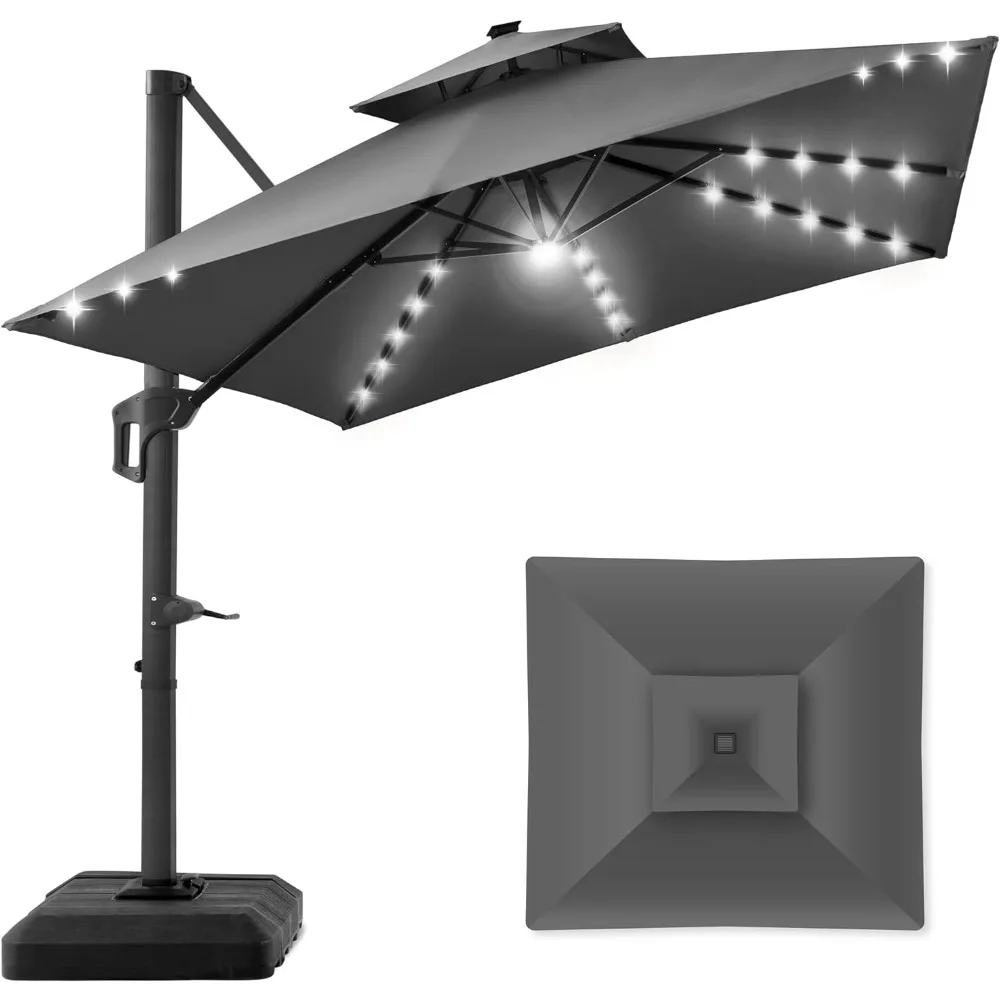 Patio Umbrella with Solar LED Lights, 10x10ft 2-Tier Square Cantilever, Fillable Base, 360 Rotation, Outdoor Sun Umbrella