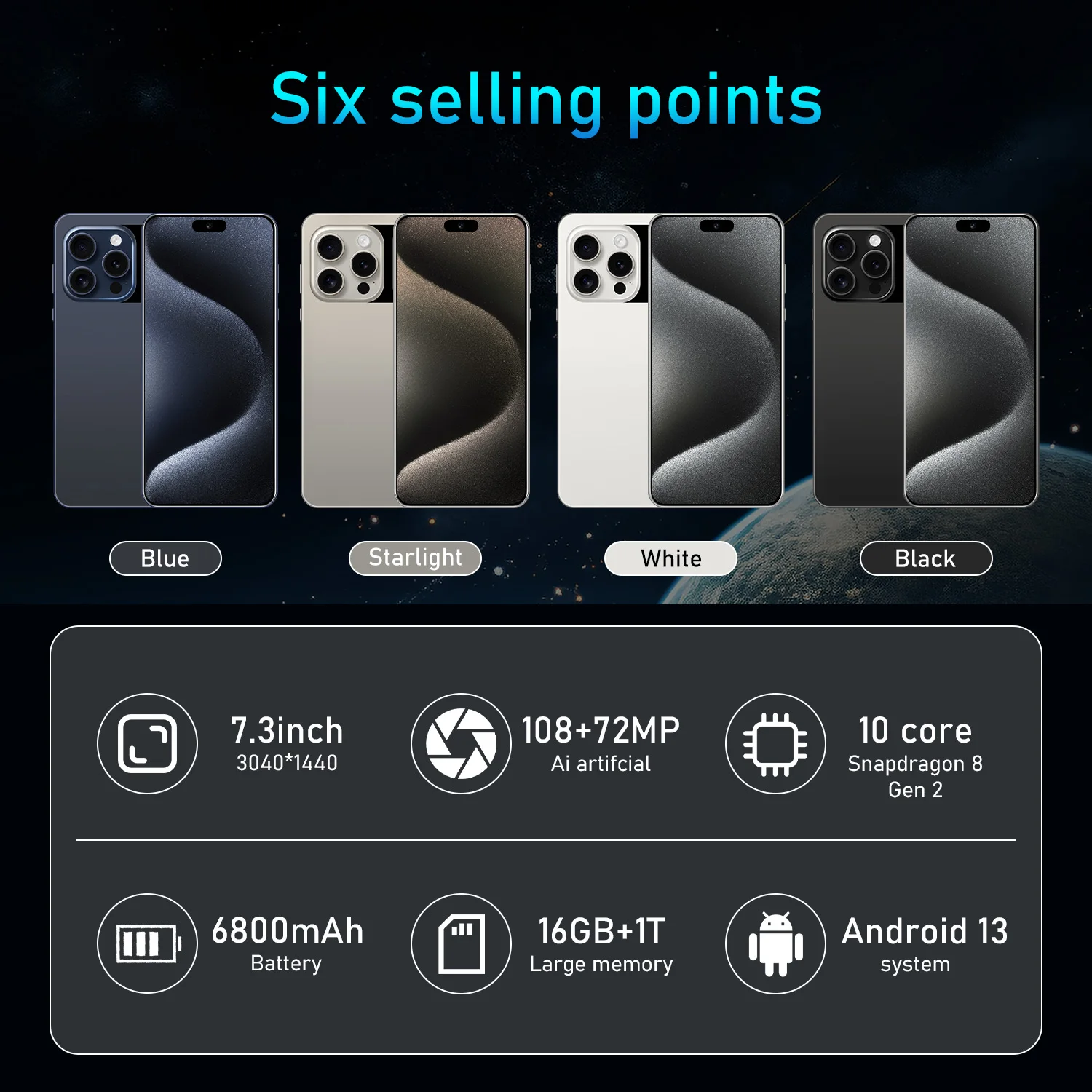 2024 New I15 Pro Smartphone 7.3 HD Second Screen Cellphone 5G Android13 Mobile Phone 16G+1T Dual Sim Celulares 108MP 6800Mah