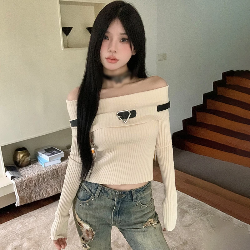 Women's Top Solid Color Spring Autumn Off Shoulder Belt Decoration Fashion Temperament Knitted Long Sleeves Top