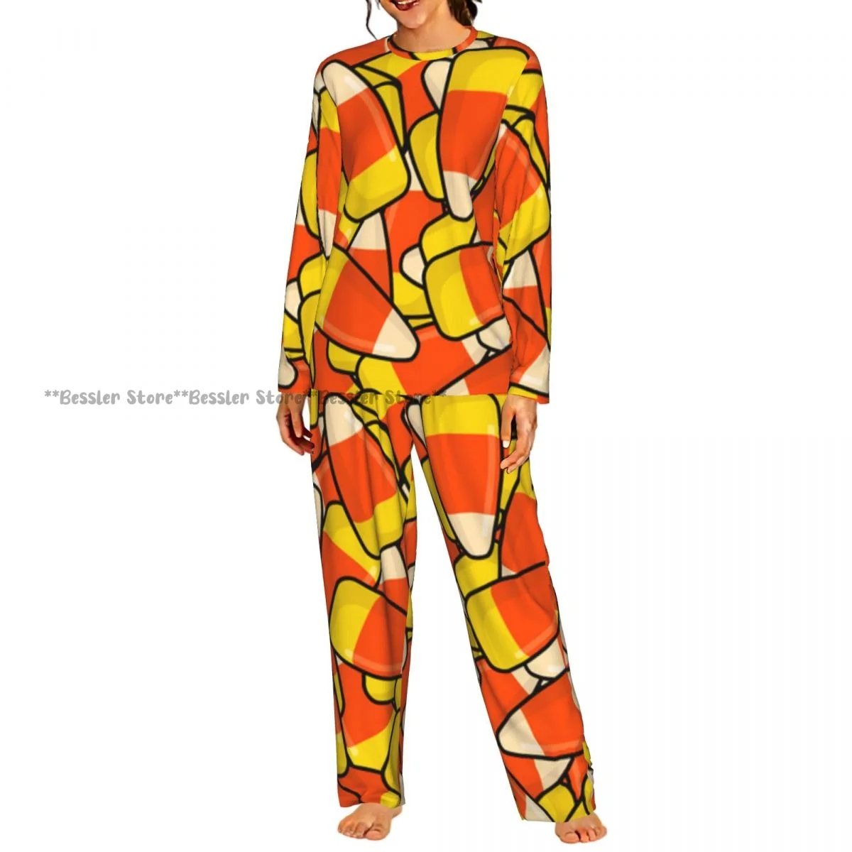 Ladies Soft Pajamas Set Corn Candy Sweets Texture Round Neck Long Sleeve Long Pants Casual Loose Homewear