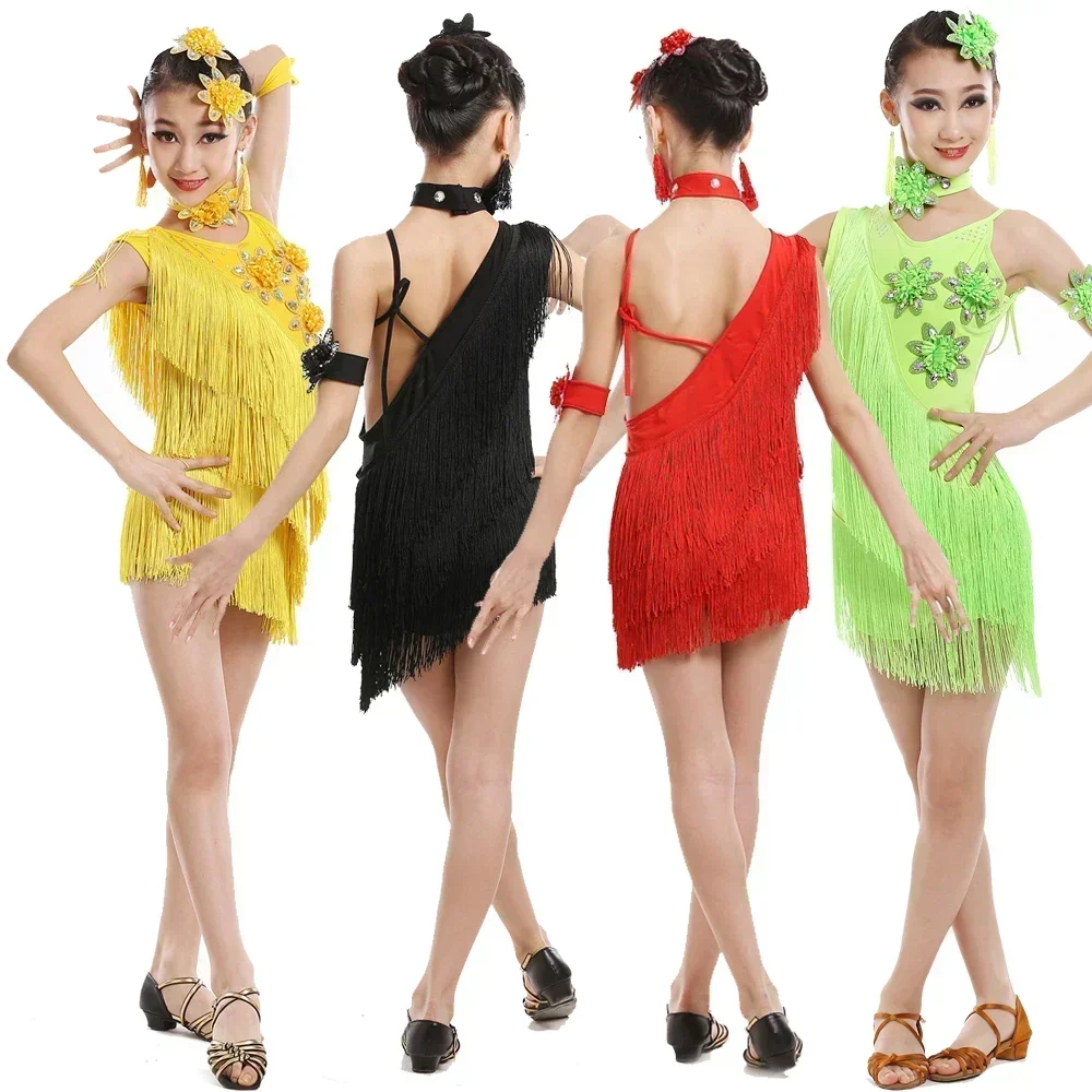 Dresses Girls Gymnastics Party Dancing Dress Stage Outfits Wear Dancewear Sequins Tassels Kids Competition Latin Costumes Dance