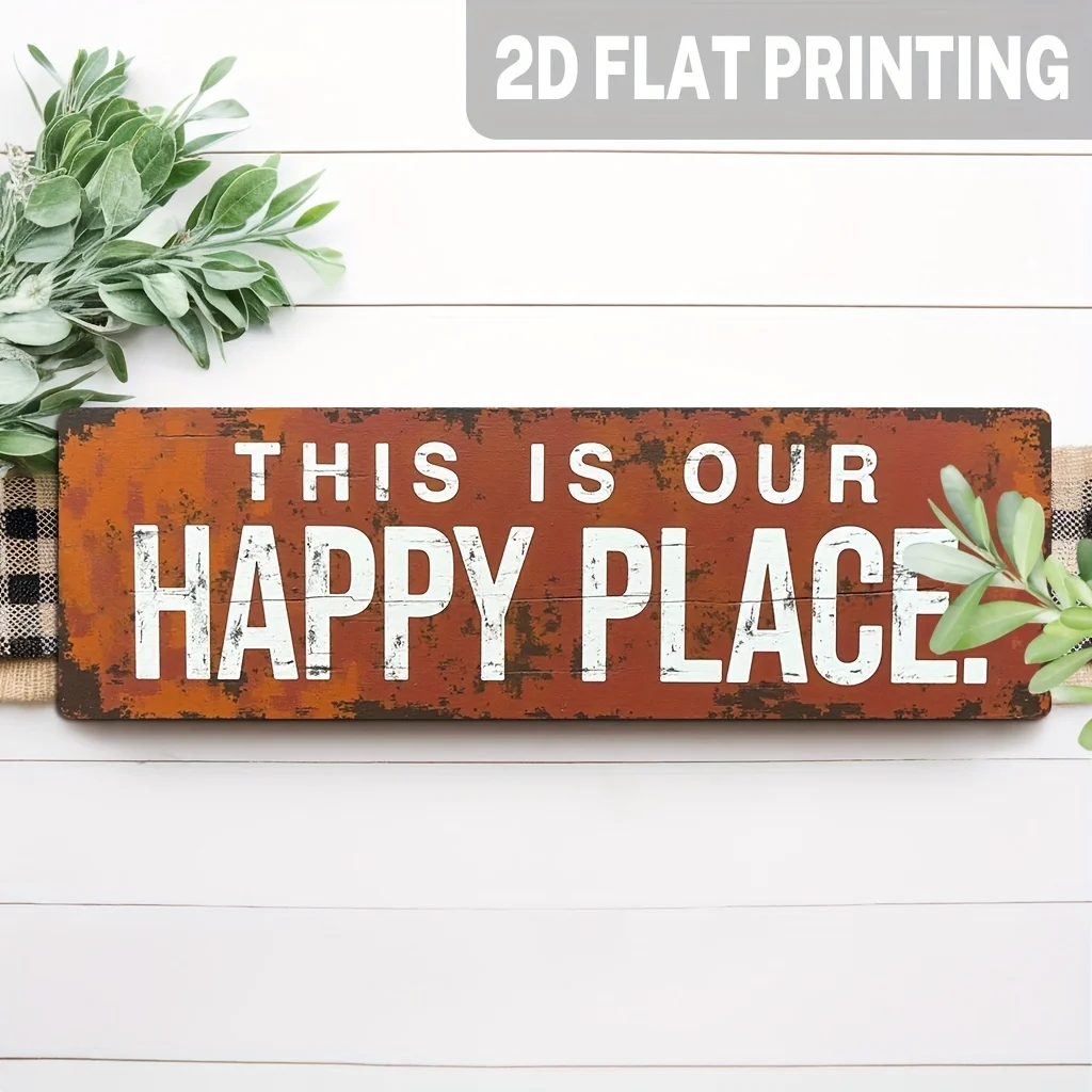 2D Flat - Rustic Wooden Sign Measuring 5X16 Inches, Featuring a 2D Flat Design That Reads 'This Is Our Happy Place'. Perfect for Farmhouse-Themed Wall Decor in Your Home, Living Room, Or Porch