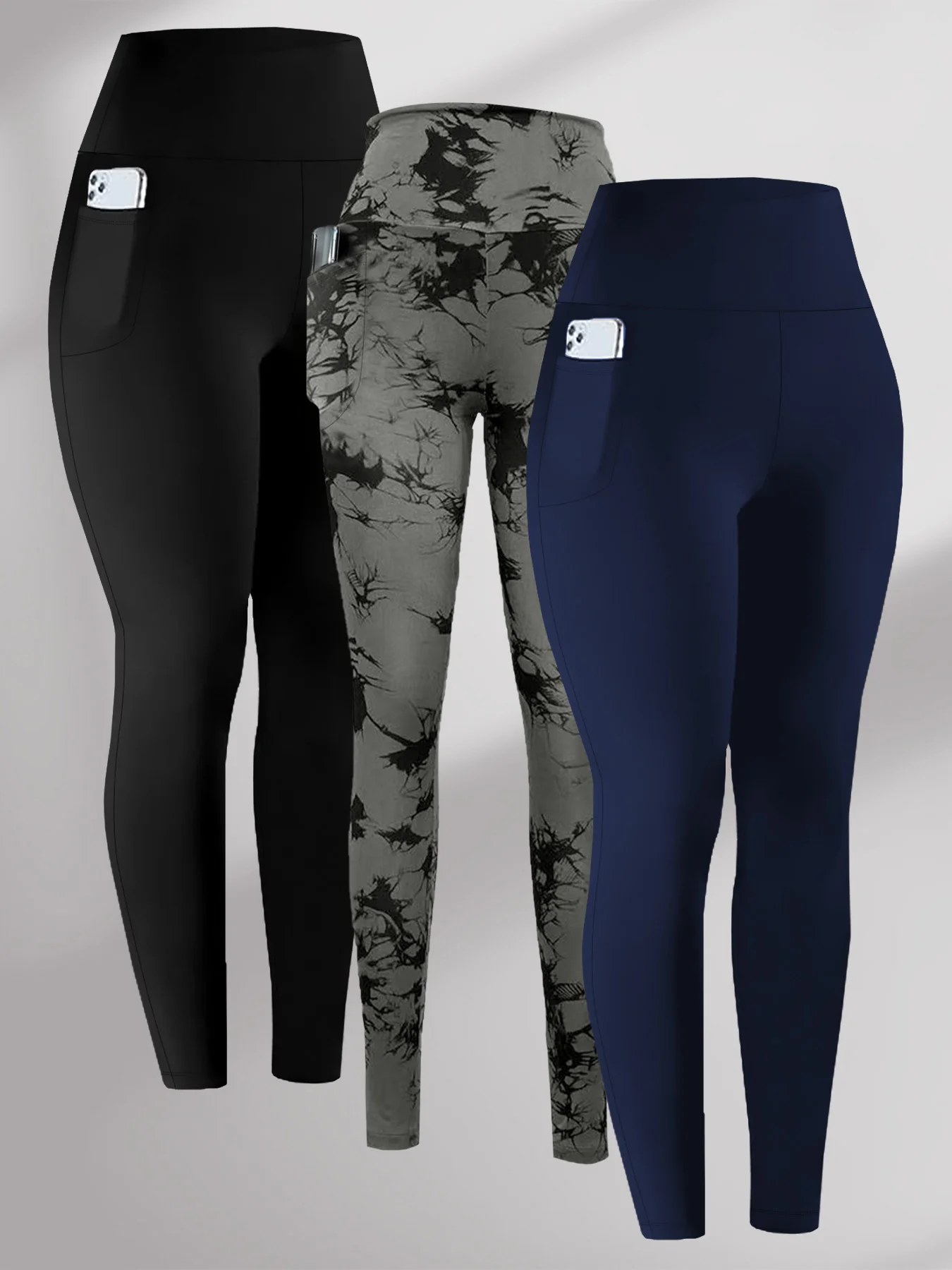 

Комплект из 3 леггинсов с высокой талией и карманами для женщин: супермягкие, с контролем живота, для йоги, тренировок, бега, повседневной носки и дома