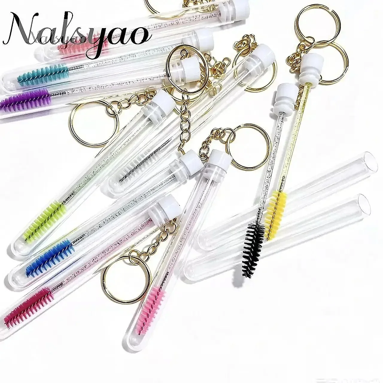 10 Pcs Mascara Tubes Eyelash Brush with Gold Keychain Glitter Wand Lash Extension Micro Comb Container