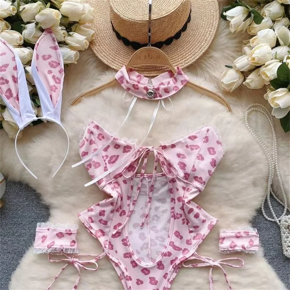 Hot Sexy Pure Cute Sweet baby Strap Hollow Out Bunny Girl Women Role Play Uniform Set with Pink Lips and 5 Pieces of Bodysuit