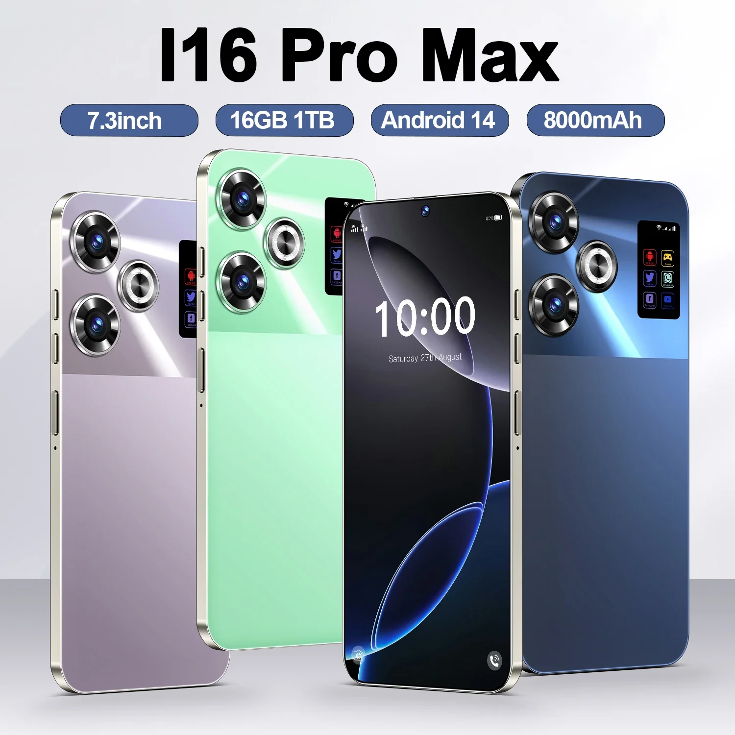 Original i16 Pro Max Smartphone 5G 7.3inch Snapdragon 8gen3 22G+2TB Cell Phone Dual SIM MobilePhones 8000mAh Android 14 NFC