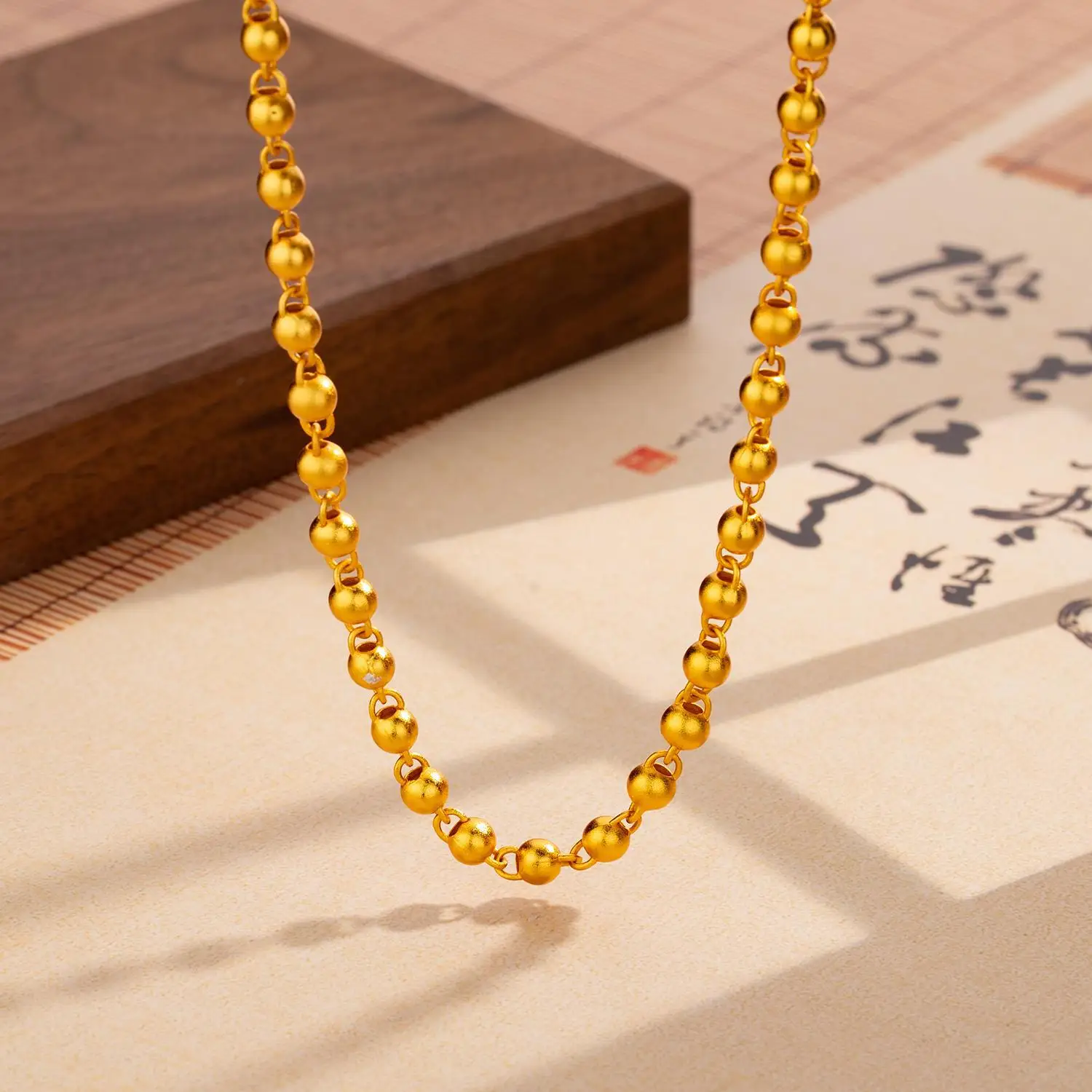 

9999 24K real gold ancient frosted round bead necklace for men simple new hip hop jewelry gift for boyfriend