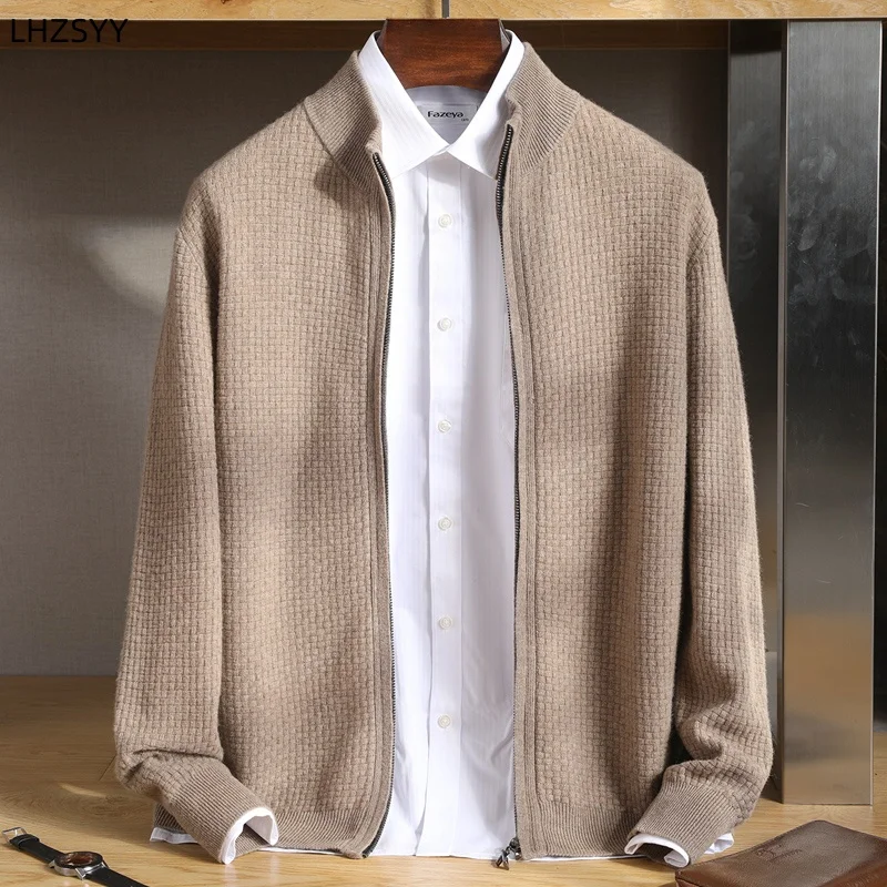 100% Merino Wool Zippered Cardigan Men\'s Stand Collar Loose Knitted Jacket Sweater Business Casual Coat Autumn Genuine Knit Tops