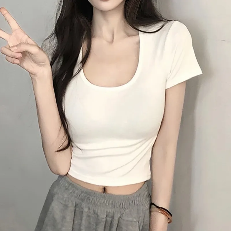 T-shirt en coton pour femmes, coupe cintrée, ort Sve u-ne, Sle, printemps été, couleur Pure, nombril, vêtements intérieurs