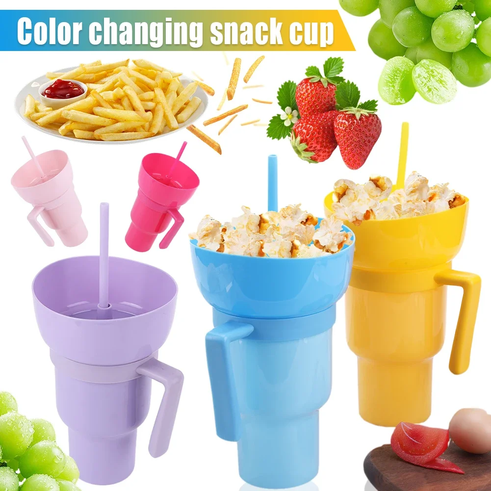 2In1 Stadium Tumbler with Snack Bowl with Straw, Travel Cup with Snack Bowl Leak Proof Snack and Drink Cup Portable Reusable